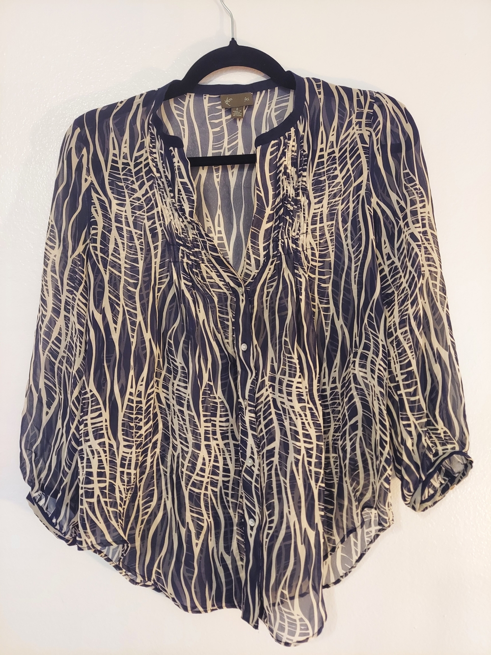 Fei By Anthropologie Navy and Cream Button Front Women's Silk Blouse Size 2